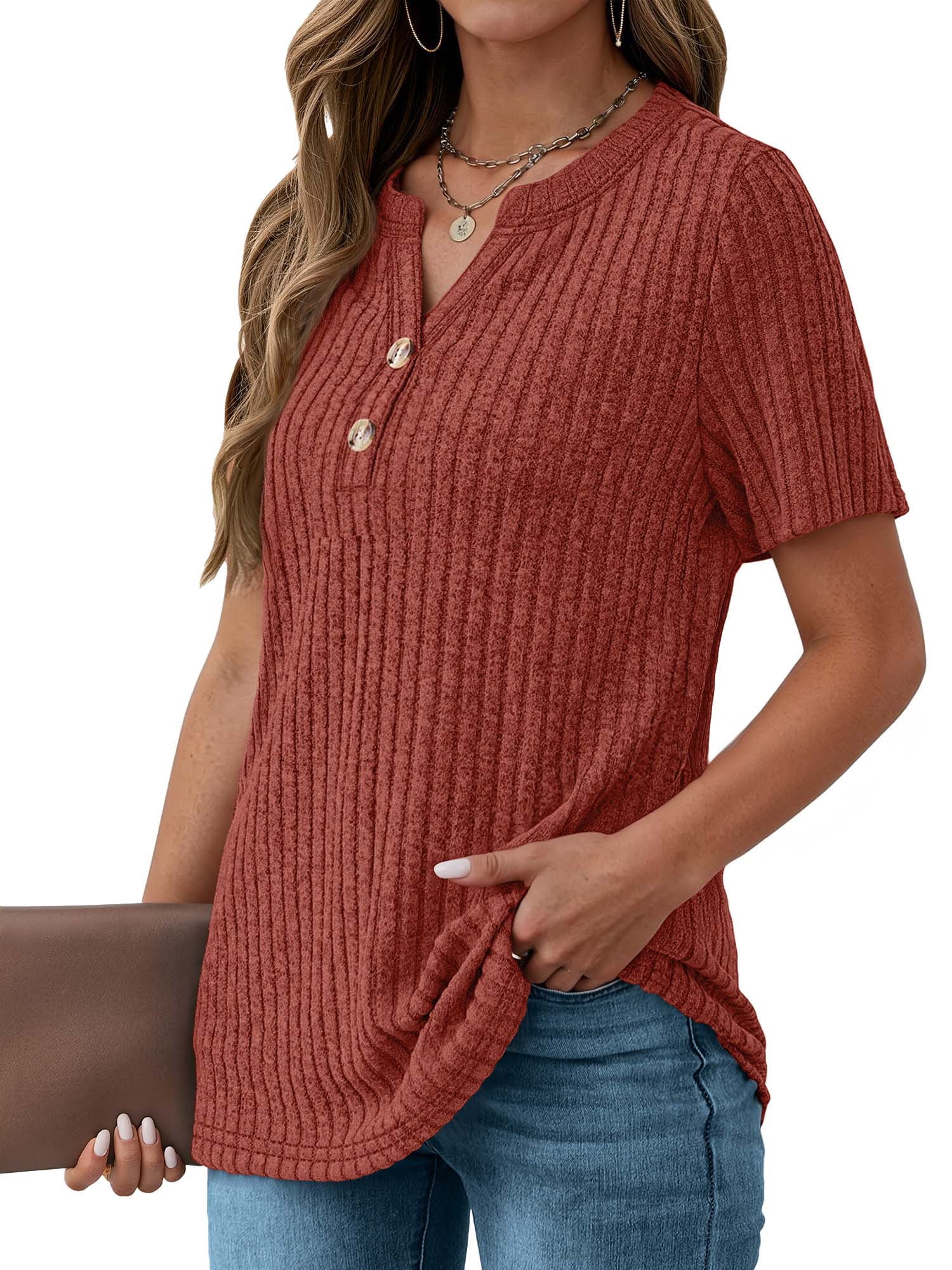 Fantaslook V Neck Tops for Women Short Sleeve Henry Shirts with Button Dressy Casual Summer Blouses Tops