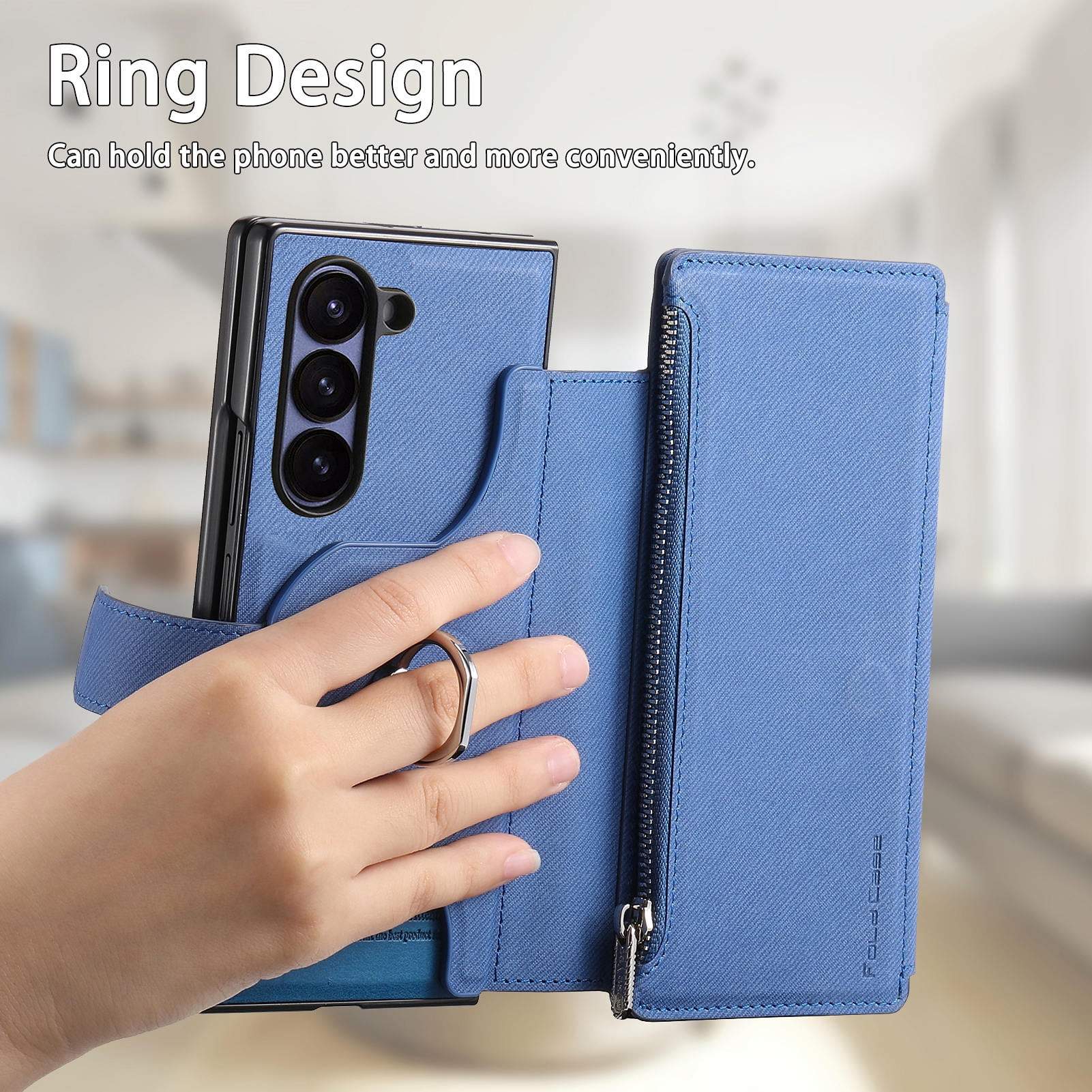 For Samsung Galaxy Z Fold 6 Phone Case,2-in-1 Magnetic Detachable Flip,Flip Folding Kickstand,With Card Slots,Zipper Pocket,Ring Holder,Fit Wireless charging,Shockproof Phone Case,Blue