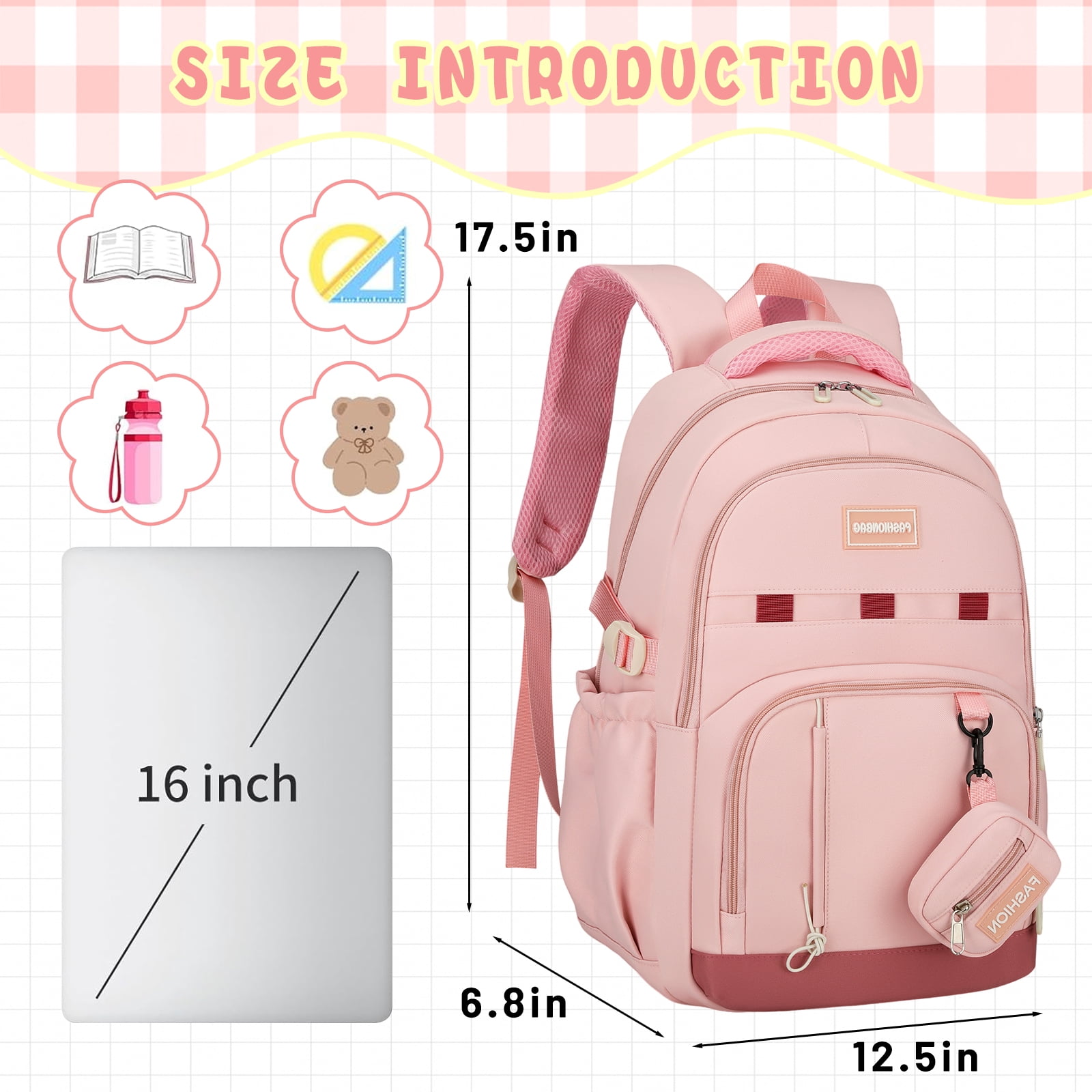 DAKIMOE School Backpack for College High Middle School Fashion Student Bag Cute Aesthetic Teen Bookbag for Teens Women Kids Girls Pink