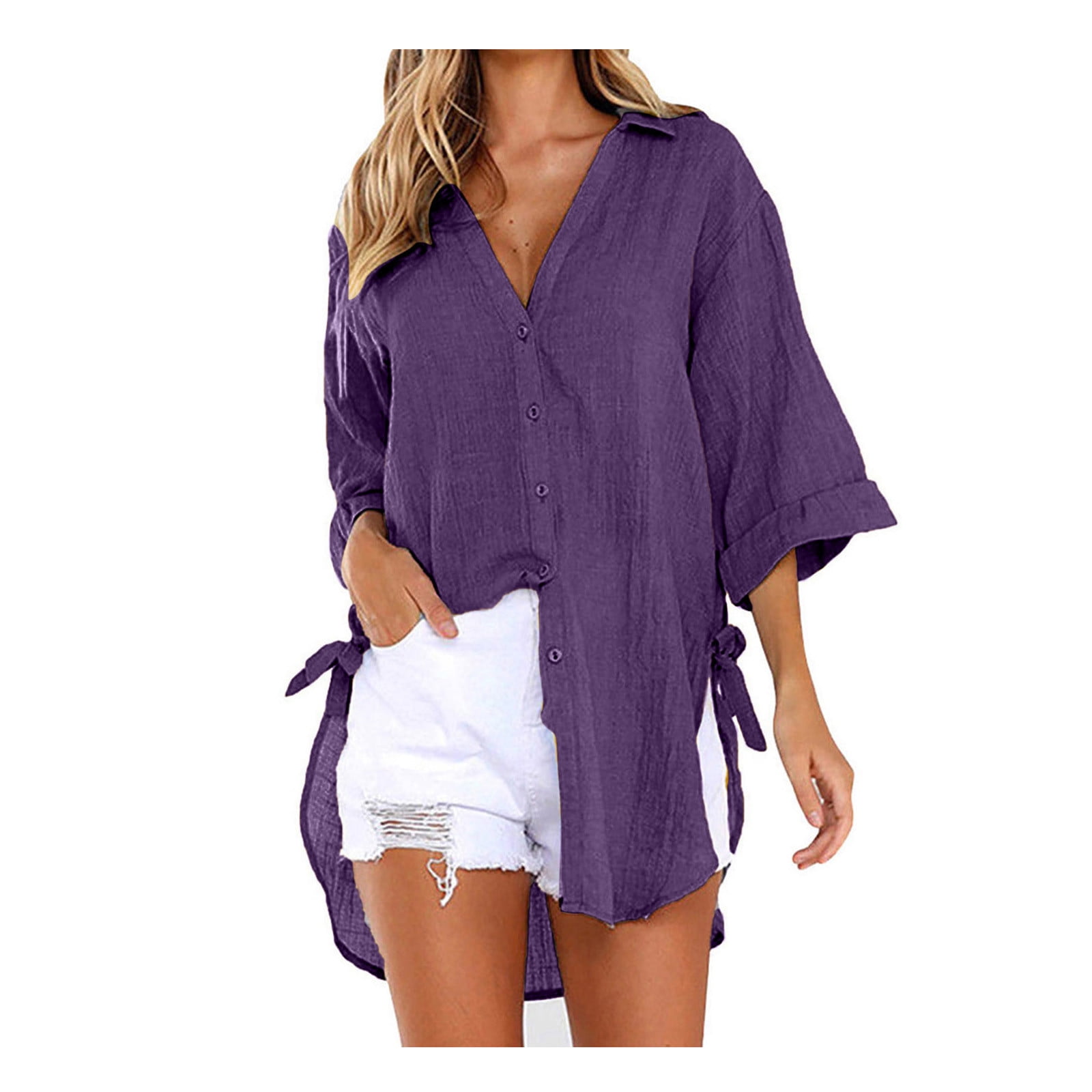 Womens 3/4 Sleeve Button Down Roll Up Shirts Collared Casual Tops Purple XL