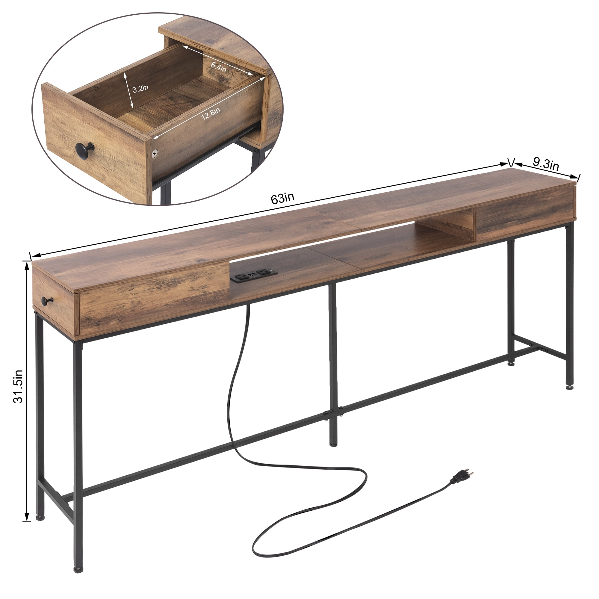 63" Console Table with Drawers and Outlets, Black