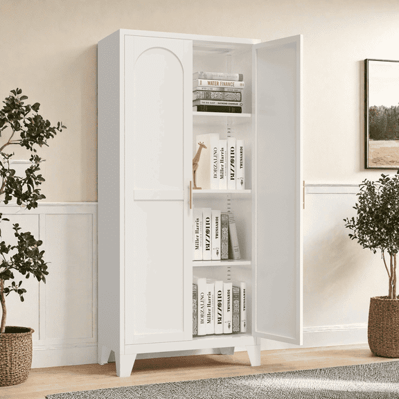 Spaco 61'' 2 Shapely Doors Cabinet, Metal Storage Cabinet with Doors and Adjustable Shelves for Indoor as Livingroom, Bedroom, White
