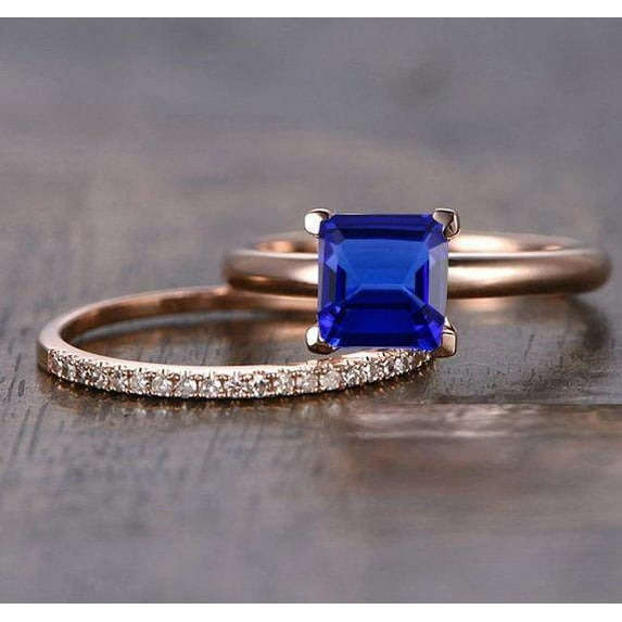 1.75 Carat Blue Sapphire 6mm Princess Cut And Moissanite Diamond Halo Bridal Set in 10k Rose Gold