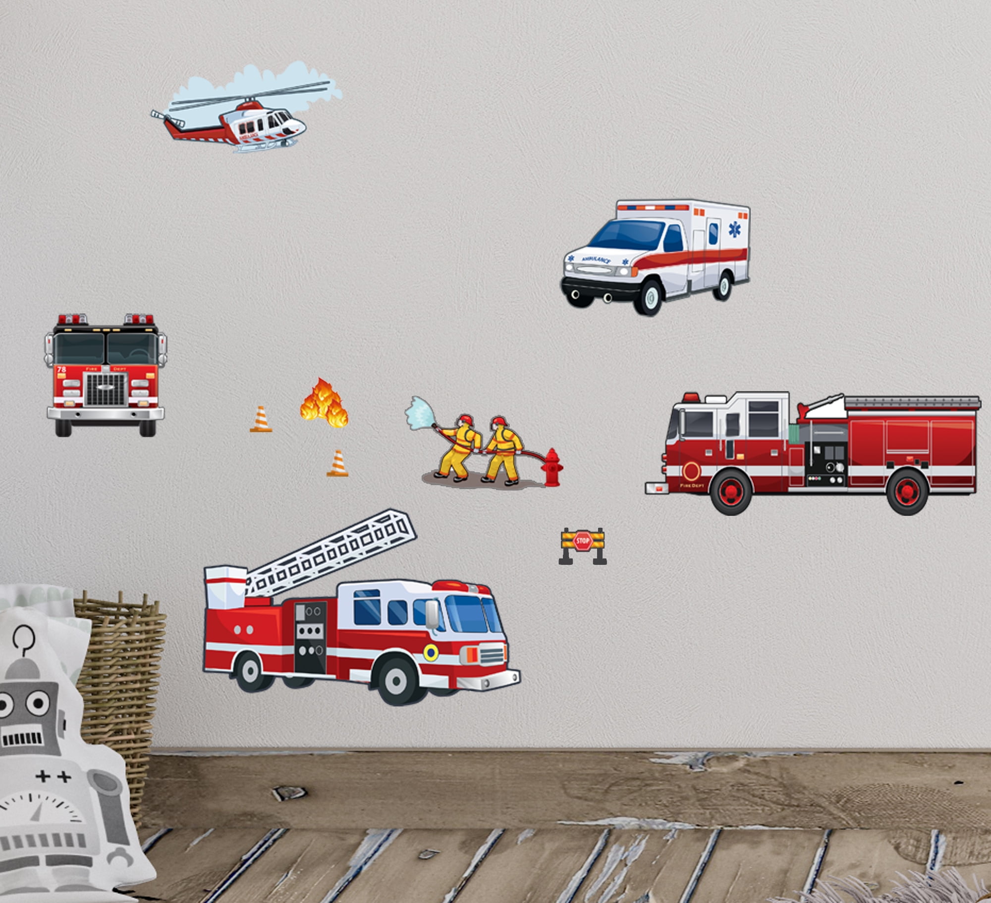 Realistic Fire Engine Truck Wall Decals -Boys Room Wall Decor Stickers, Kids Rooms (11) Decals from 1" - 11"
