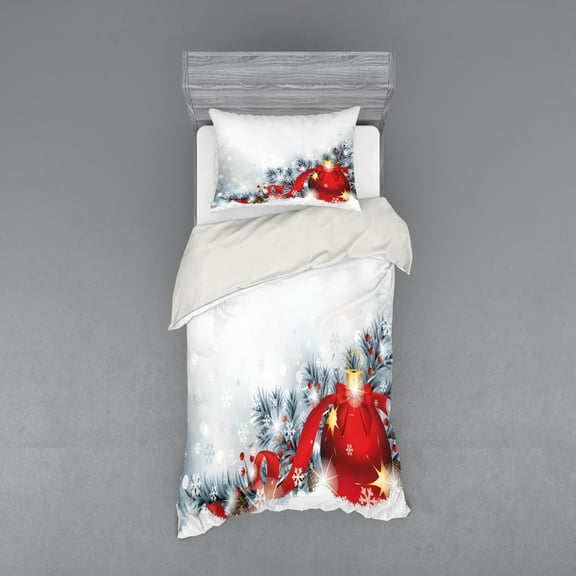 Ambesonne Christmas Bedding Set 3 Pcs, Snow Balls, Twin XL, White Red