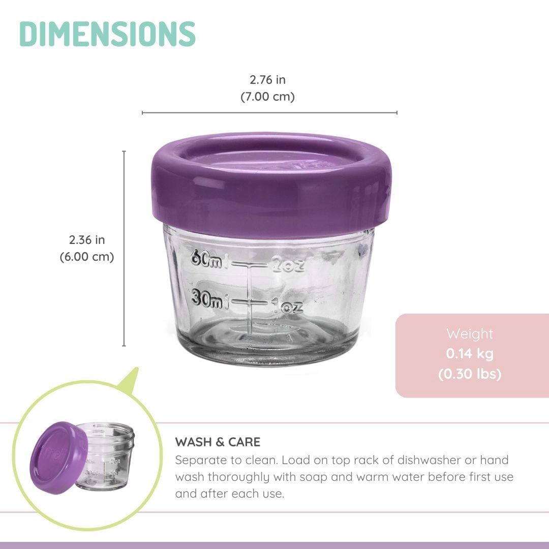 Melii Glass Baby Food Freezer Jars, Snack Container with Lids, BPA Free, Microwave & Dishwasher safe (4oz, set of 6) for Babies, Toddlers and Adults