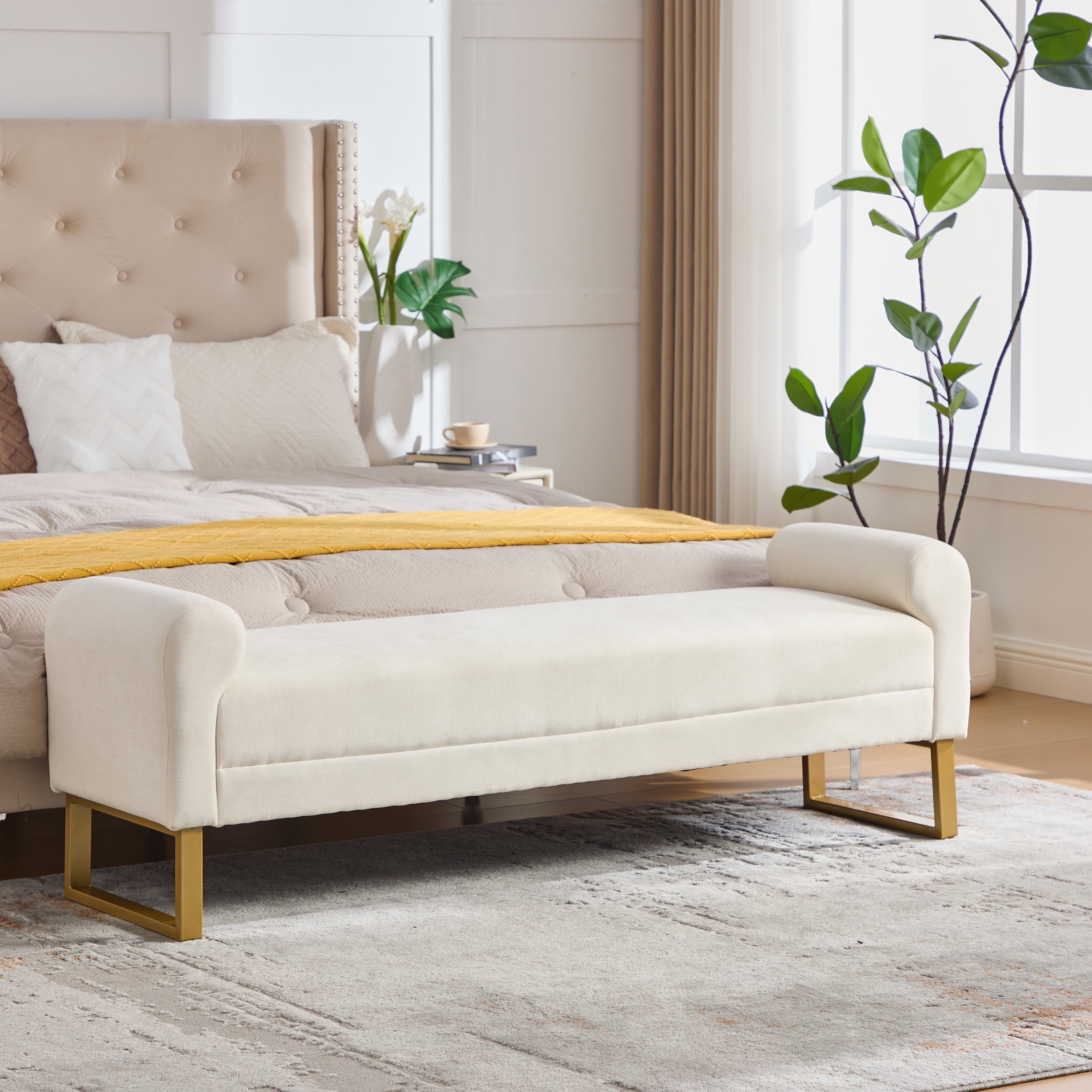 65" Ottoman Bench, Chenille Bench for Bedroom, End of Bed Bench Upholstered and Gold Legs, Bedroom Benches with Arms for Living Room Window and Entryway