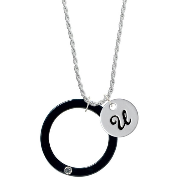 Delight Jewelry Acrylic 1 1/2" Ring with 4mm Crystal Black Silvertone Script Initial Disc - U - Charm Necklace, 20"+3"