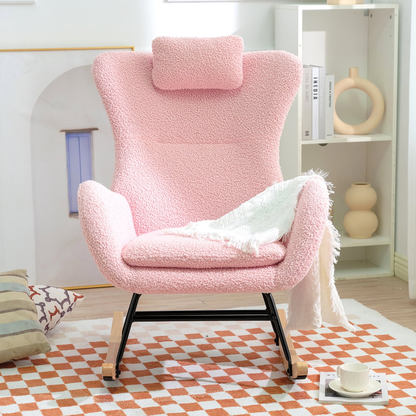 Rocking Chair Nursery, Teddy Upholstered Rocker Glider Chair with High Backrest, Adjustable Headrest & Pocket, Comfy Glider Chair for Nursery, Bedroom, Living Room, Offices, Rubber wood, pink 80119