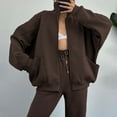 thumbnail image 2 of Womens Oversized Hoodies Set Casual Zipper Long Sleeved Hooded Crew Neck Solid Color Coffee Fall Fashion Sweatpants with Pockets S-2XL, 2 of 5