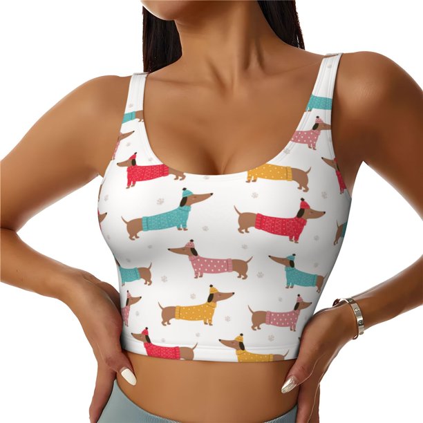 Fotbe Dachshund Dog Puppy Sujetador Deportivo Largo sin Aros para Mujer con Almohadillas y Soporte Medio, Transpirable y Absorbente, Camiseta Tipo Chaleco o Tank Top-XX-Large