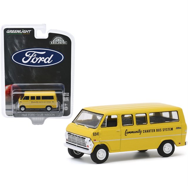 1968 Ford Club Wagon School Bus Yellow \ Community Charter Bus System \ \ "Hobby Exclusive \" 1/64 Diecast Model by Greenlight "" " Greenlight 30155