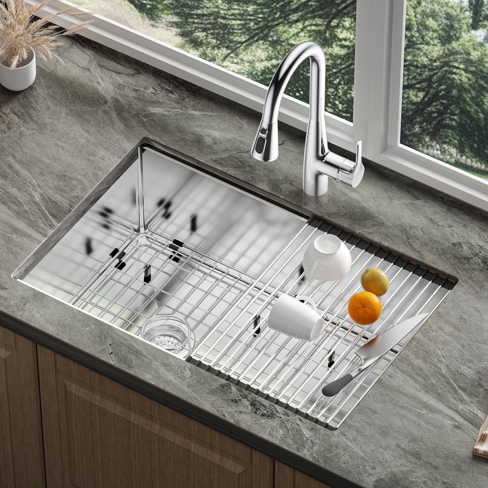JOMOO 30" Undermount & Drop-In Kitchen Sink, Stainless Steel Single Bowl Kitchen Sink with Grid, Dish Drying Rack, Drain Assembly