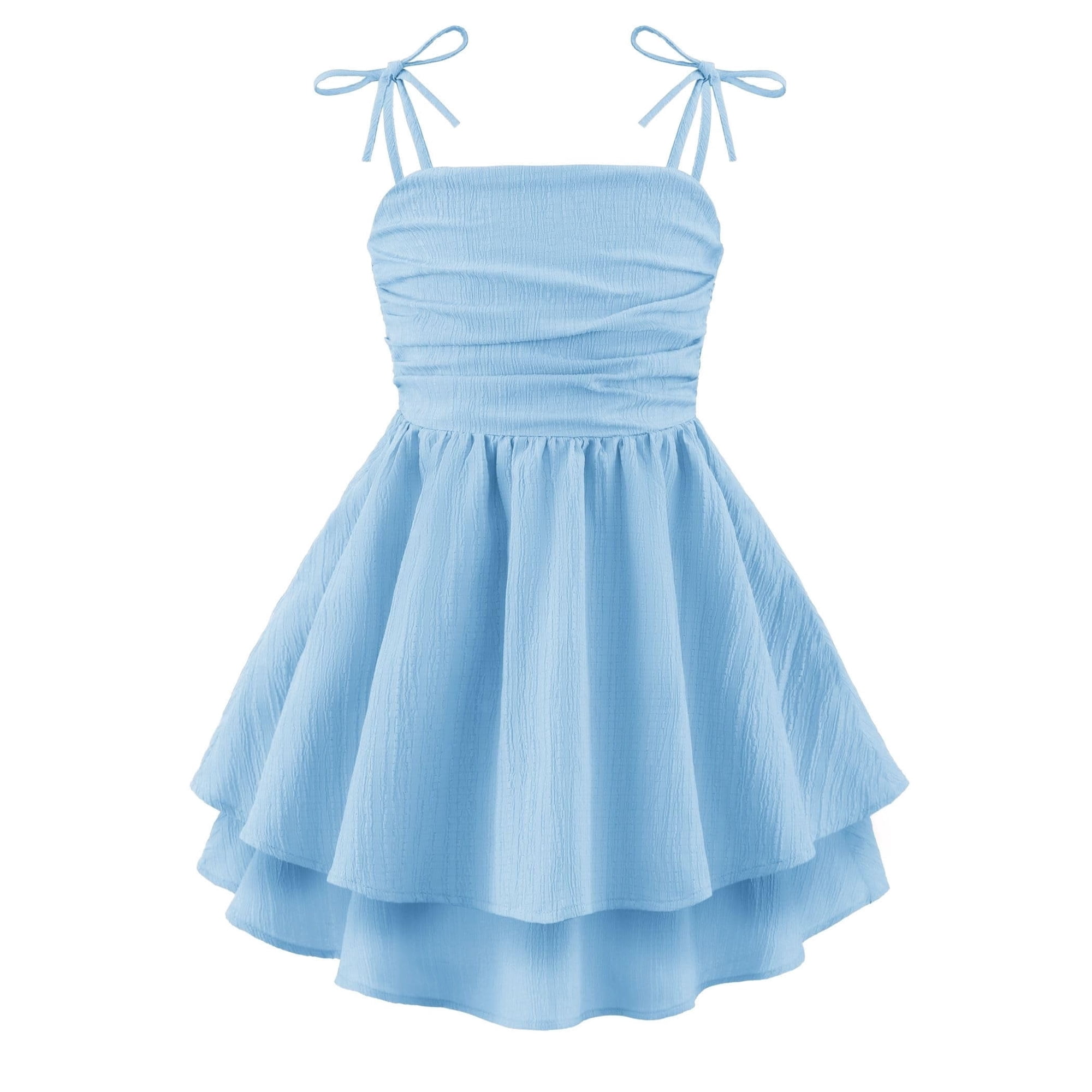 Oudiya Girls Summer Blue Dresses Spaghetti Strap Flowy Tiered Ruched Smocked Back Casual Beach Midi Easter Sundress,6-14Y