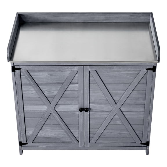 KFFKFF Outdoor Gardening Potting Bench Table, Wooden Storage Cabinet with 39 x 19 in Work Surface, Garden Planting Workstation Featuring Ample Storage for Patio and Backyard, Gray