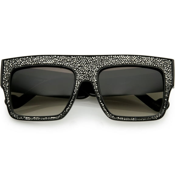 Women's Rhinstone Crystal Flat Top Square Sunglasses Mirrored Lens 57mm (Black / Lavender)