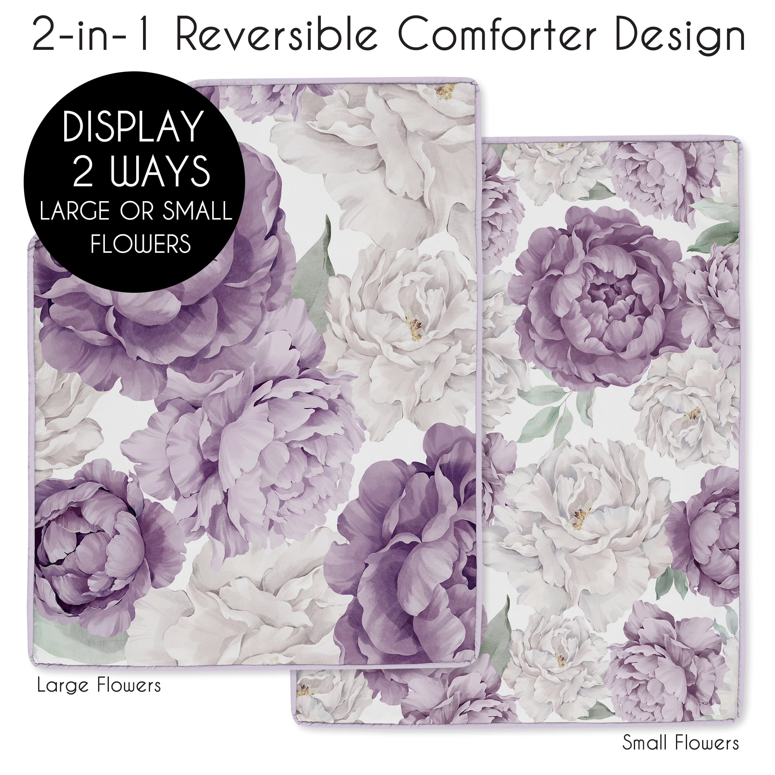 Sweet Jojo Designs Peony Floral Garden Lavender Purple and Ivory Girl Mini Crib Bedding Set 3 Piece