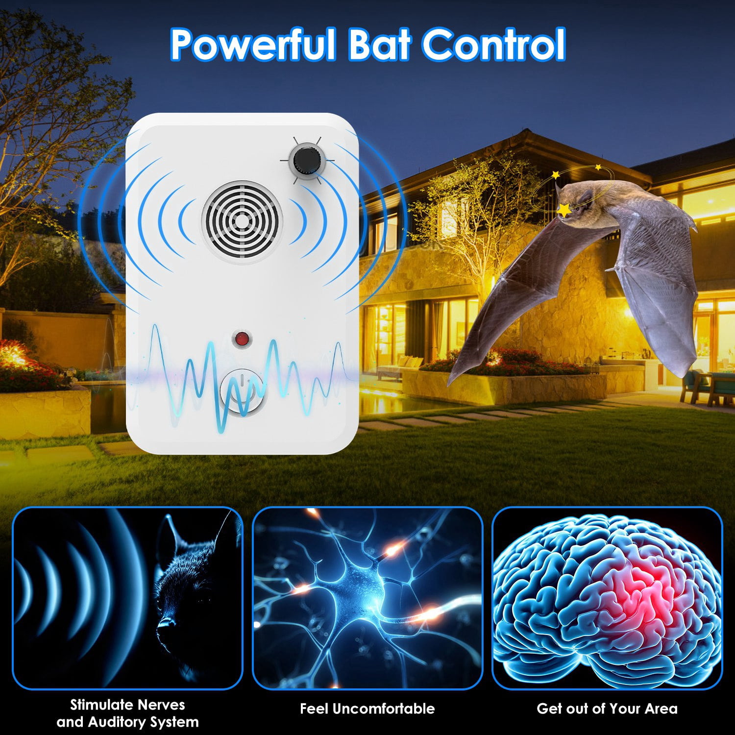 Moclever 4Pcs Ultrasonic Bat Repellent, Plug in Indoor Bird Mouse Repeller with 6 Adjustable Levels for Attic Garage Kitchen Warehouse, White