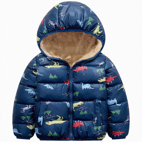 JUMEYU Toddler Boys Winter Coat Dinosaur-Print Fleece-Lined Hooded Puffer Jacket for Boys Winter Coat (Navy,4-5 Years)
