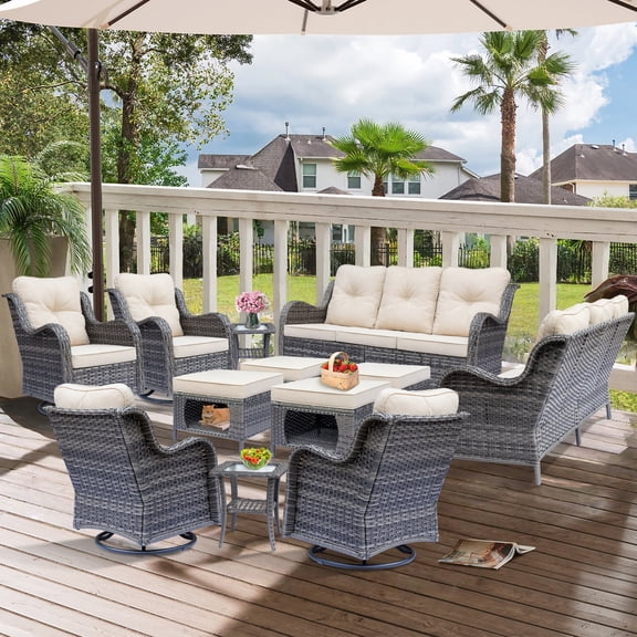 12 Piece Outdoor Patio Furniture Set Grey Wicker Patio Furniture-4 Wicker Swivel Rocker Patio Chairs with 2 Wicker Outdoor Couch and 4 Outdoor Ottoman & 2 Side Table, All Weather Patio Furniture Set