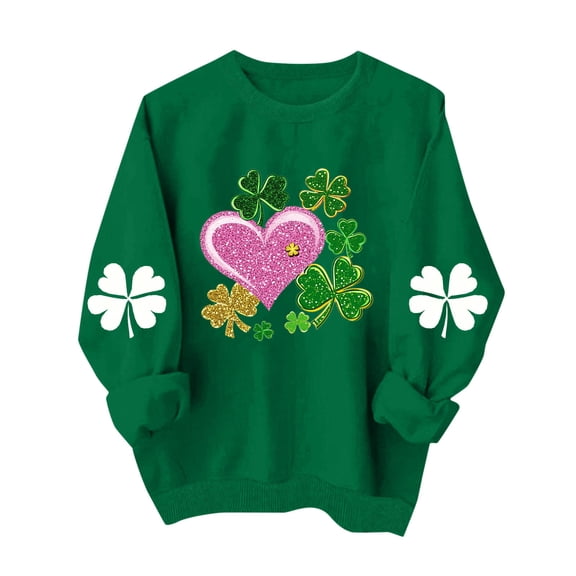 Women's St Patrick's Day Shamrock Print Long Sleeve Top, Hawaiian Shirt Festive Irish Green Pullover Loose Fit Casual Sweatshirt Holiday Fun Party Gifts for Her