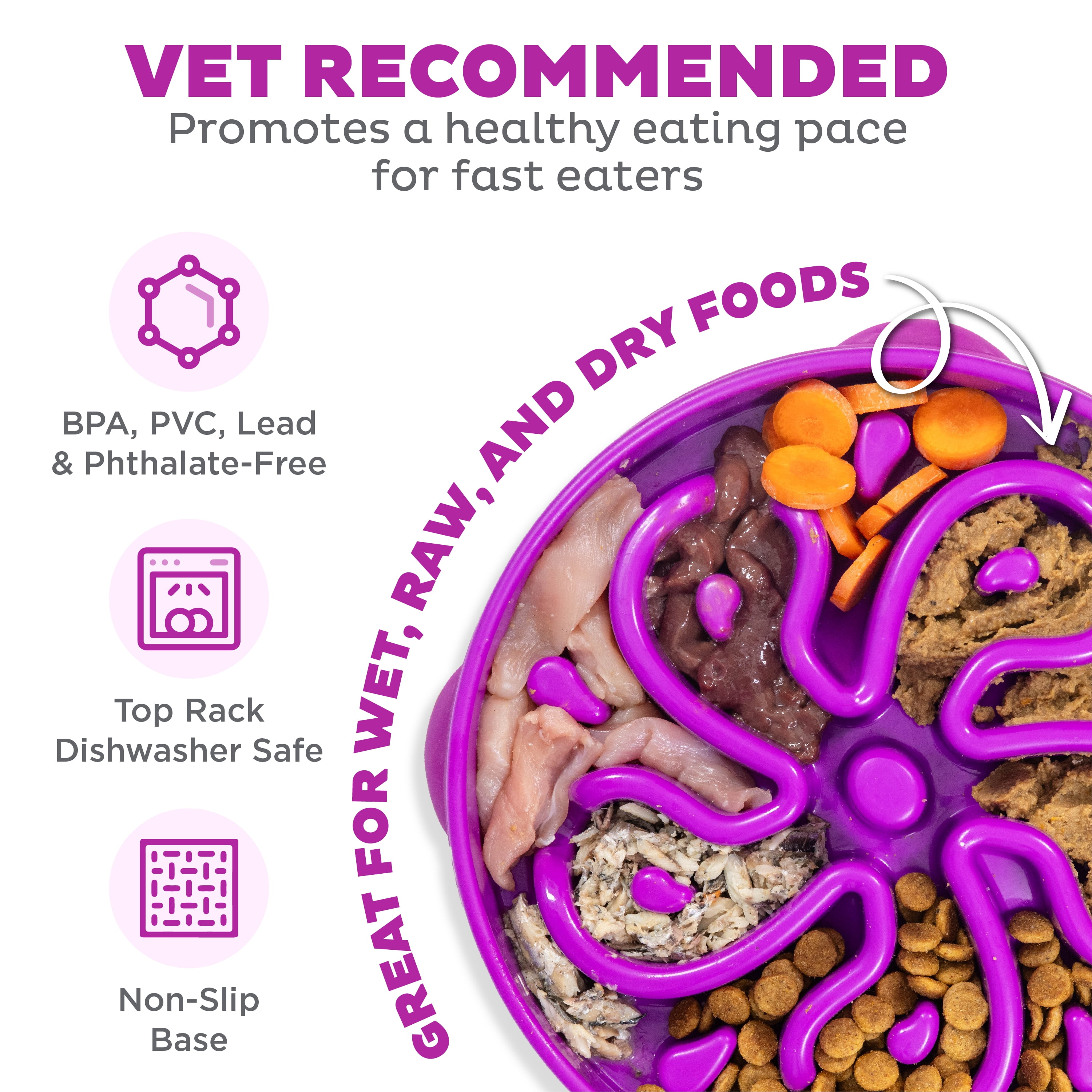 (4 pack) Outward Hound Fun Feeder Slo Bowl – Large 4‑Cup Capacity, Slow Feeding, Medium to Large Dogs, Non‑Slip, Purple, Flower Pattern
