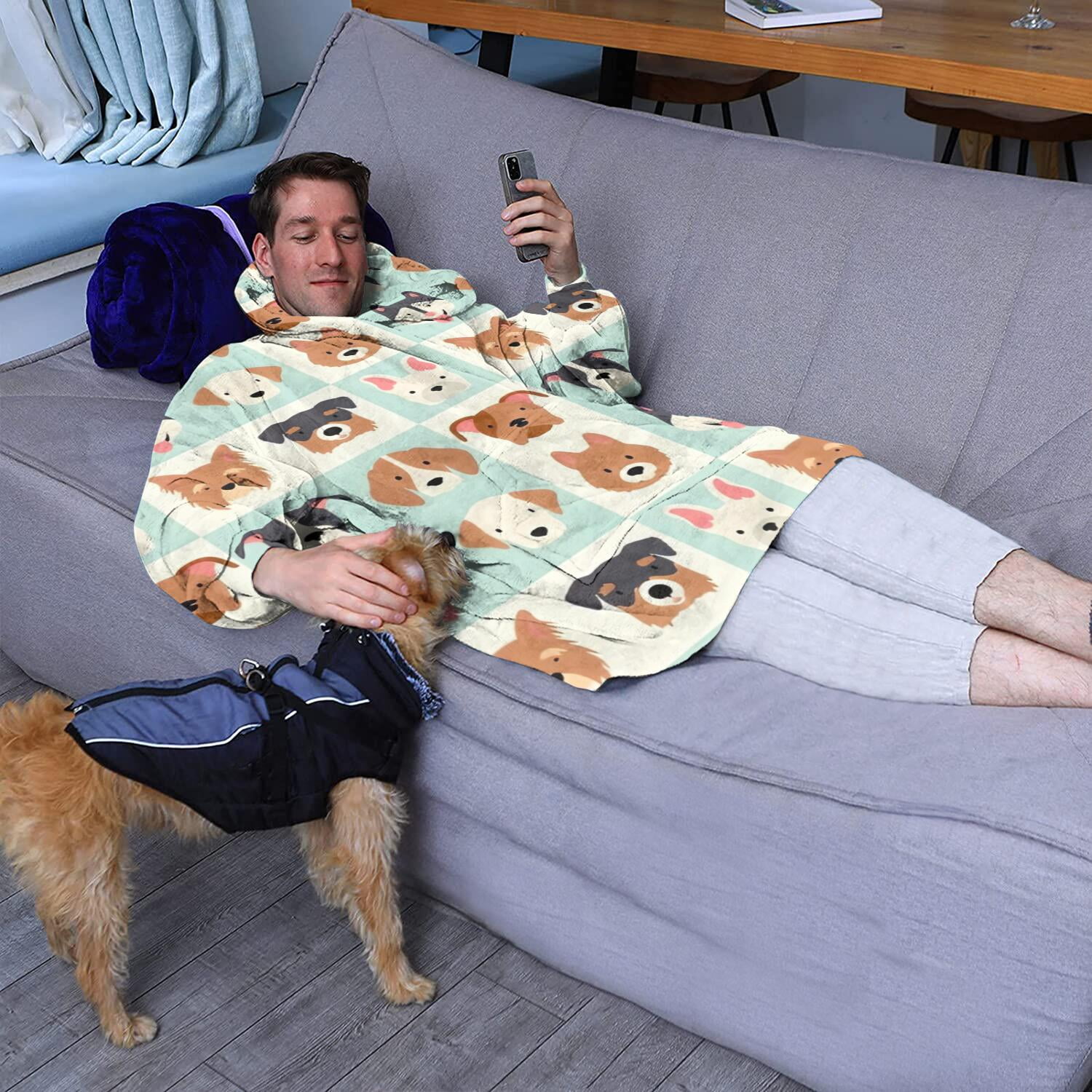 Lovely Dog Breeds Wearable Oversized Blanket,Wearable Blanket Hoodie for Adults,Cozy Hooded Blankets with Super Pockets,Super Warm Fuzzy Pullover for Women & Men