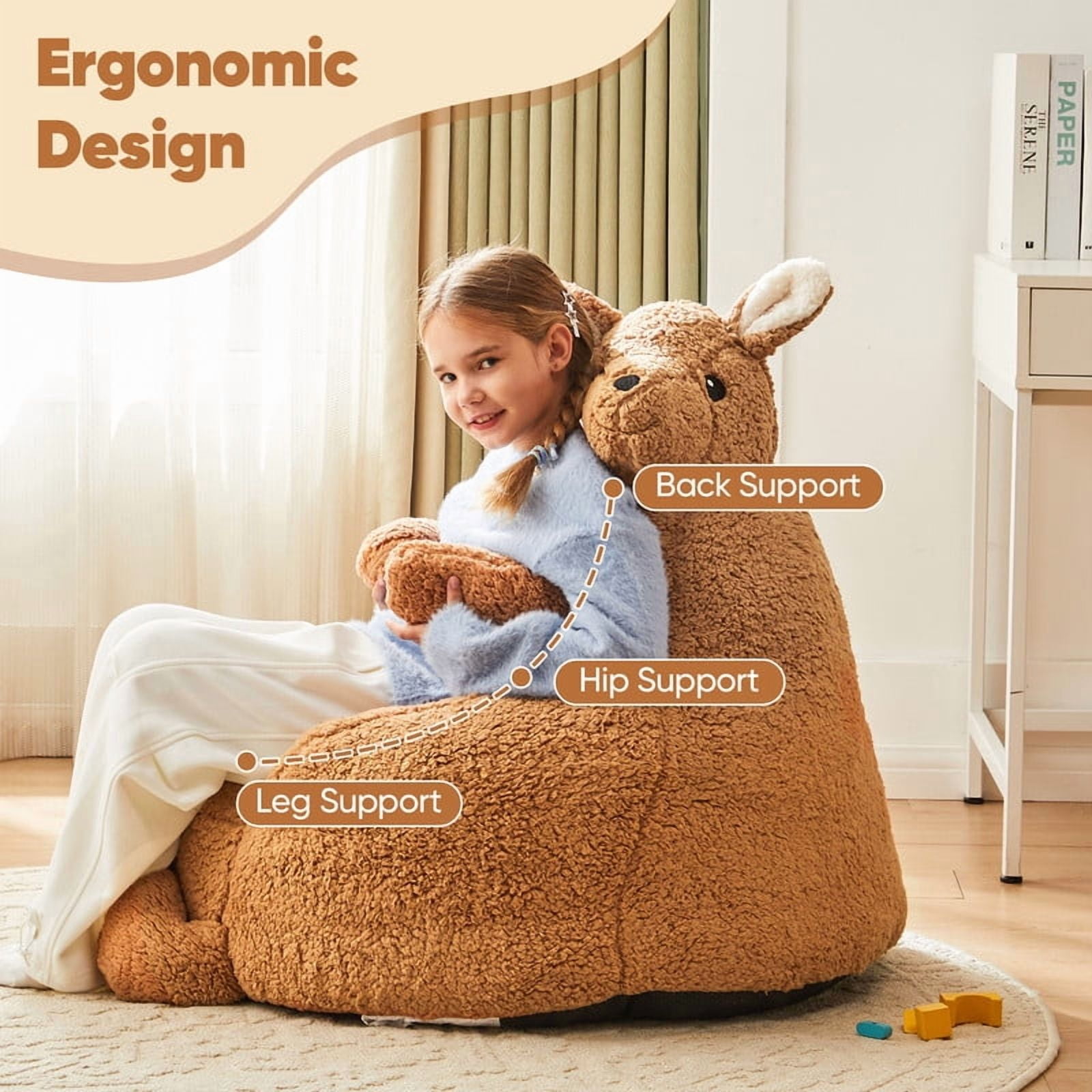 Gianna Kids Bean Bag Chair, 31 Inch Stuffed Toddler Couch with Faux Rabbit Fur Cover for Teens & Kids, Comfy Lazy Sofa Chair for Reader, Living Room, Bedroom, Brown