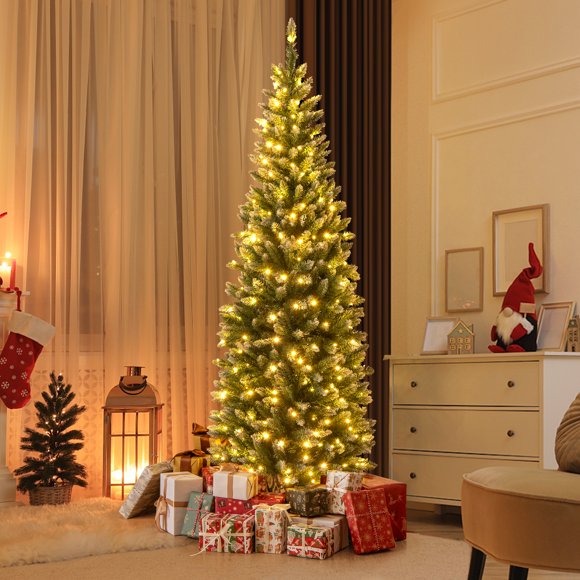 Costway 6 FT Pre-Lit Christmas Tree Hinged Slim Pencil Xmas with 250 LED Lights & 618 Tips