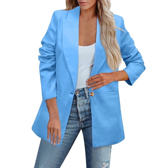 Skpblutn Women'S Blazers Suit Jackets Winter Fall Casual Comfortable Tops Solid Lapel Button Slim Work Office Thin Neck Long Sleeve Plus Size Open Front Jacket Coat Blue M