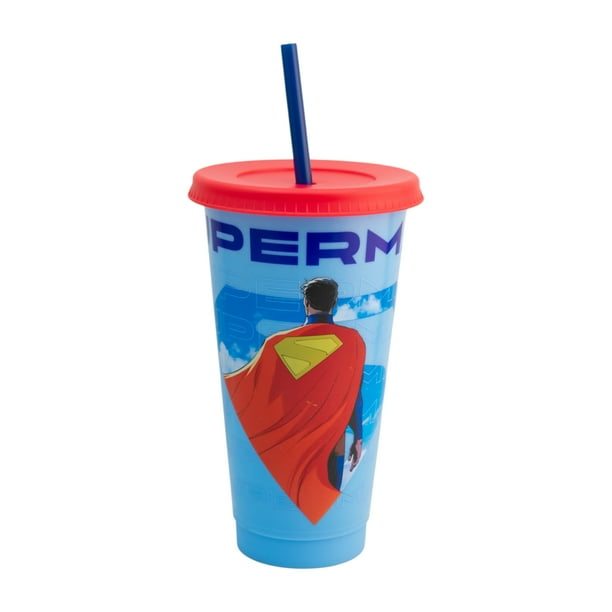Vaso de Plástico con Tapa y Popote, Diseño Superman Legacy, Colección DC Comics, Capacidad 680 ml, Azul y Rojo