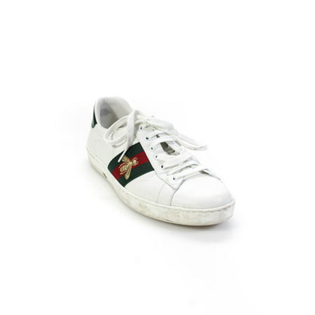 Pre-owned|Gucci Mens Bee Web Accent Metallic Ace Sneakers Red Green White Size 8.5