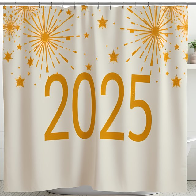 Festive 2025 Shower Curtain - Cream Color with Golden Numerals Stars for New Year's Celebration