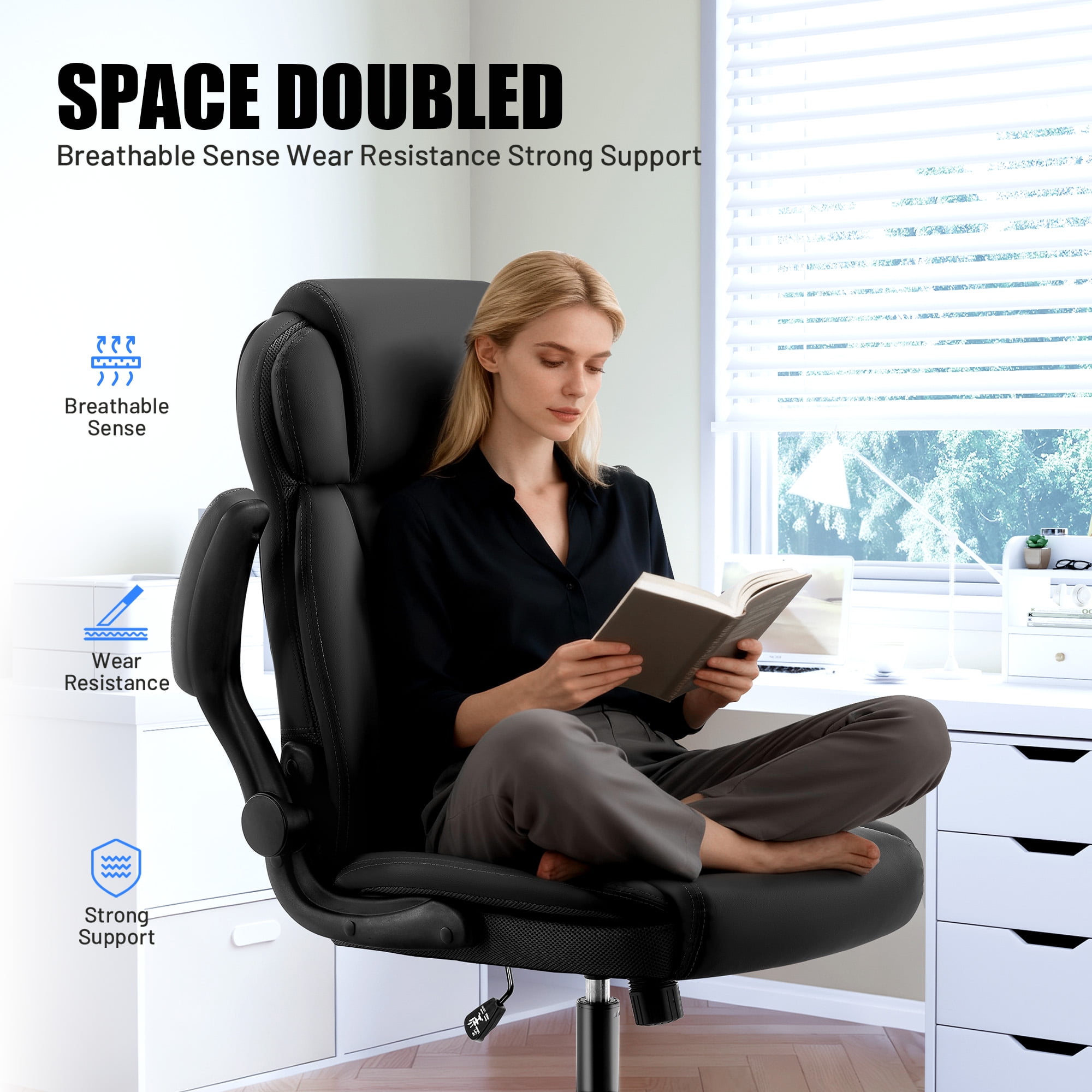 Dhole Ergonomic High-Back PU Leather Office Chair with 120° Recline & Flip-Up Arms - Home Office Desk Chair for Work, Study, Gaming, 300LBS Capacity (Black)