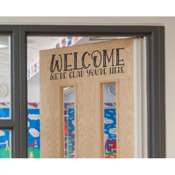 Welcome We're Glad You're Here Entryway Welcome Decor for Wall - Vinyl Wall Art - Quote Decals for Wall - Inspirational Vinyl Decals - DIY Removable Wall Stickers Quotes, 23x8-Inch, Black