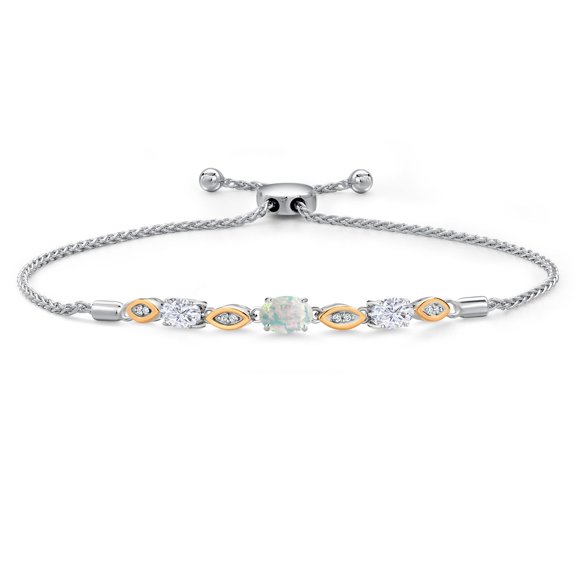 925 Silver and 10K Yellow Gold Simulated White Opal and White Moissanite and Lab Grown Diamond Bracelet for Women | 2.06 Cttw | Gemstone October Birthstone | Oval Cabochon 7X5MM | Fully Adjustable 9"
