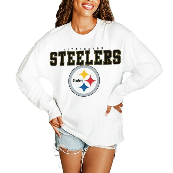 Women's Gameday Couture  White Pittsburgh Steelers Big Goals Oversized Long Sleeve T-Shirt