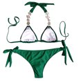 thumbnail image 3 of Wuxian 2 Piece Bikini Set For Women Swimsuit Halter Neck Spaghetti Strap Deep V-Neck Backless Lace Up Rhinestone Swimming Bandeau Solid Color Triangle Tie Stylish Cheeky Bathing Suit,Green,M, 3 of 8