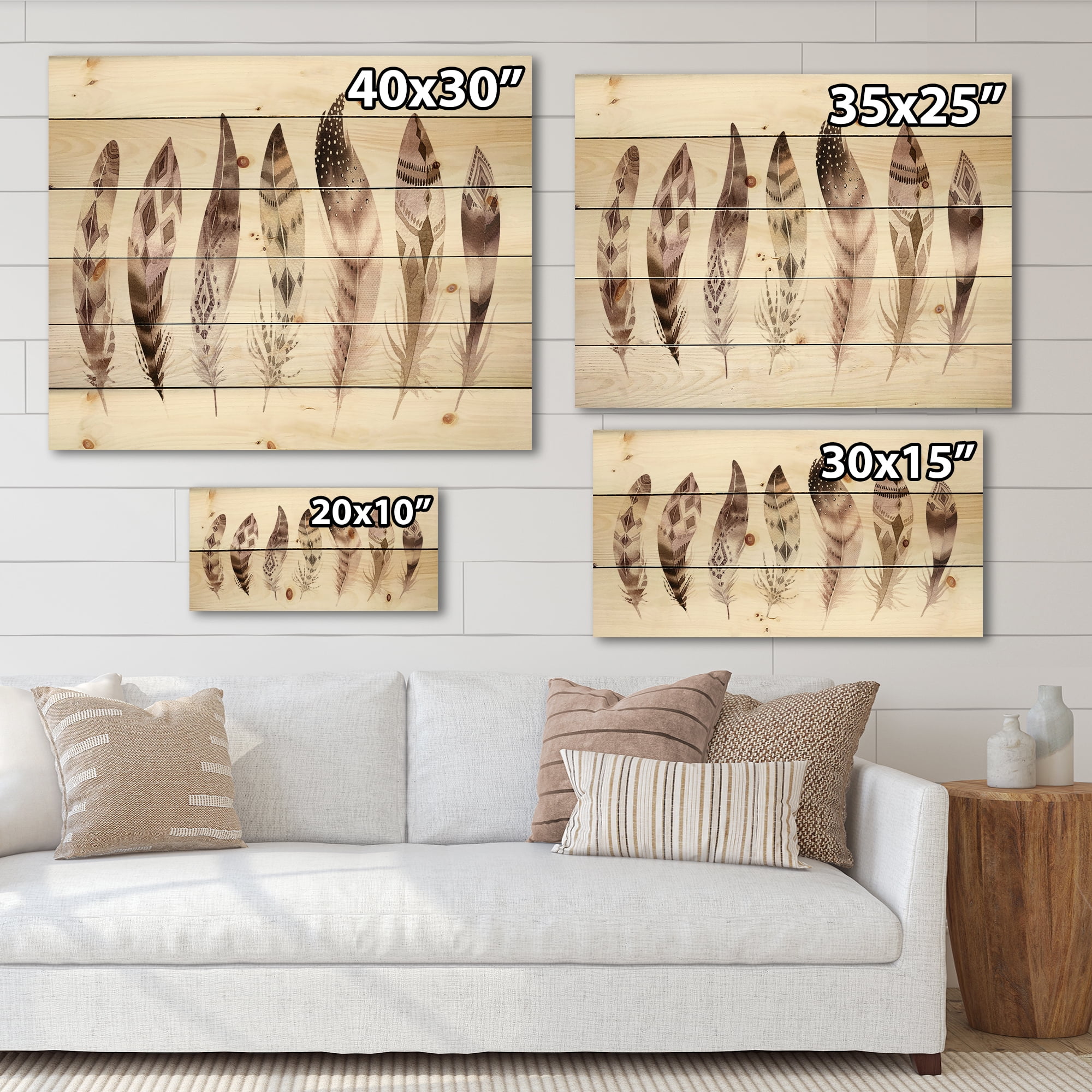 Designart 'Colourful Boho Art Feather Set X' Bohemian & Eclectic Print on Natural Pine Wood