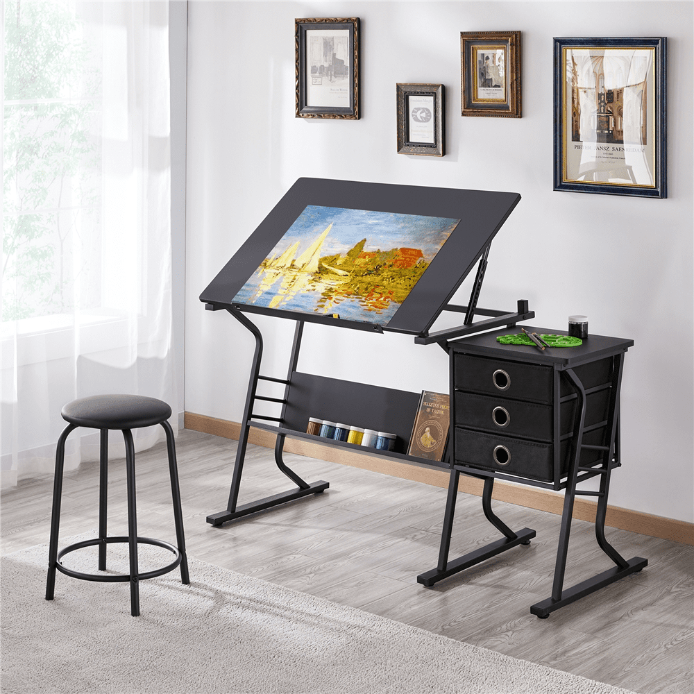 Renwick Drafting Table & Stool Set with Tilting Tabletop & Side Countertop, Black