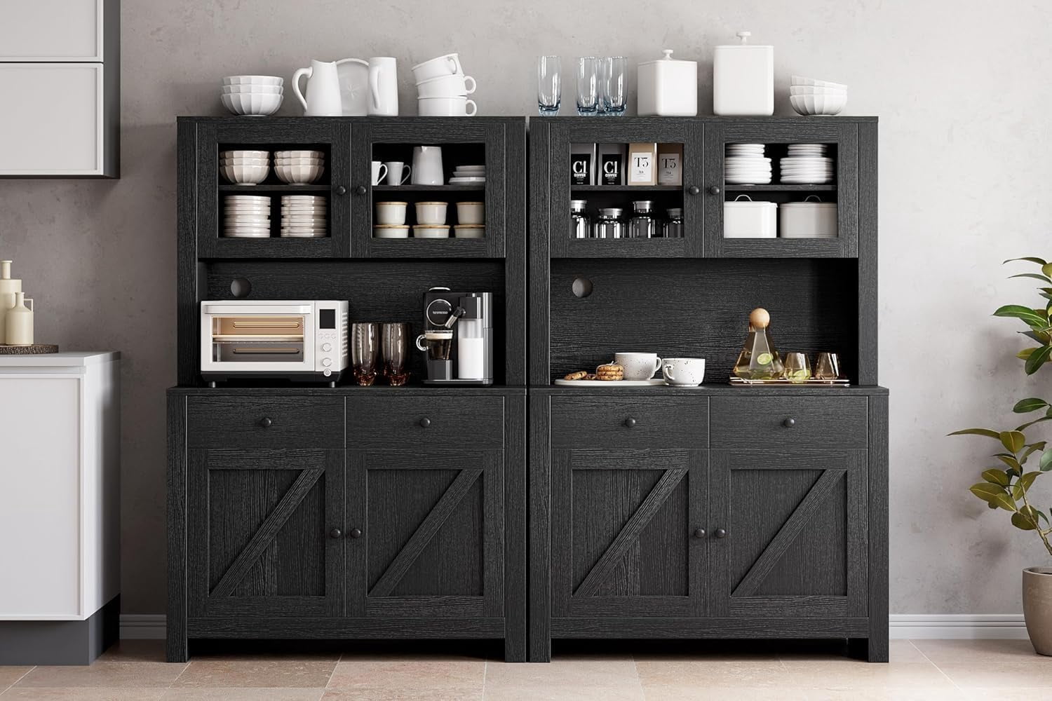 Kitchen Pantry Cabinet with Microwave Stand, Freestanding Hutch Cabinet with Buffet Cupboard, Tall Kitchen Cabinets with Adjustable Shelves for Dining Room, Black