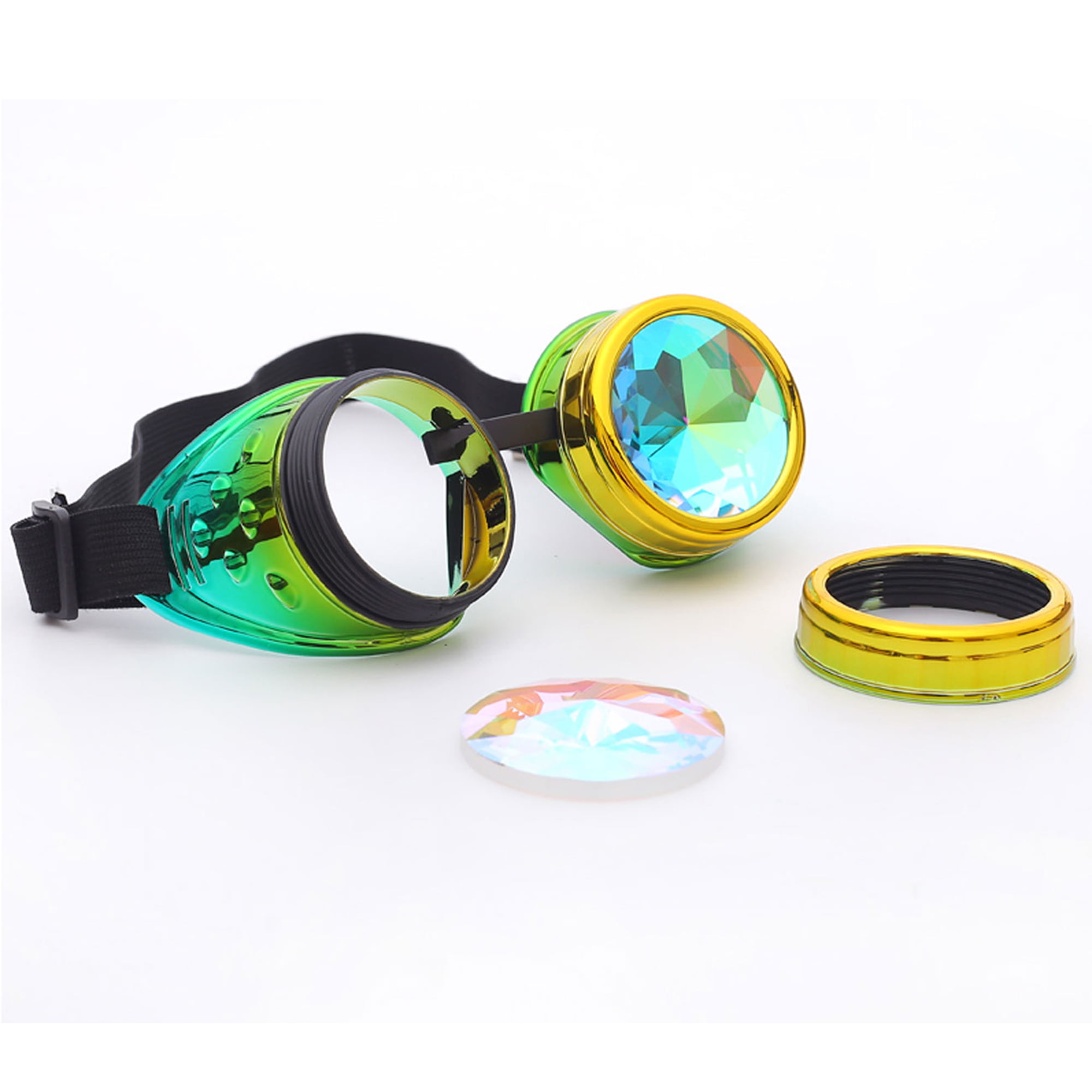 FIRSTLIKE Kaleidoscope Rave Goggles Steampunk Glasses with Rainbow Crystal Glass Lens 