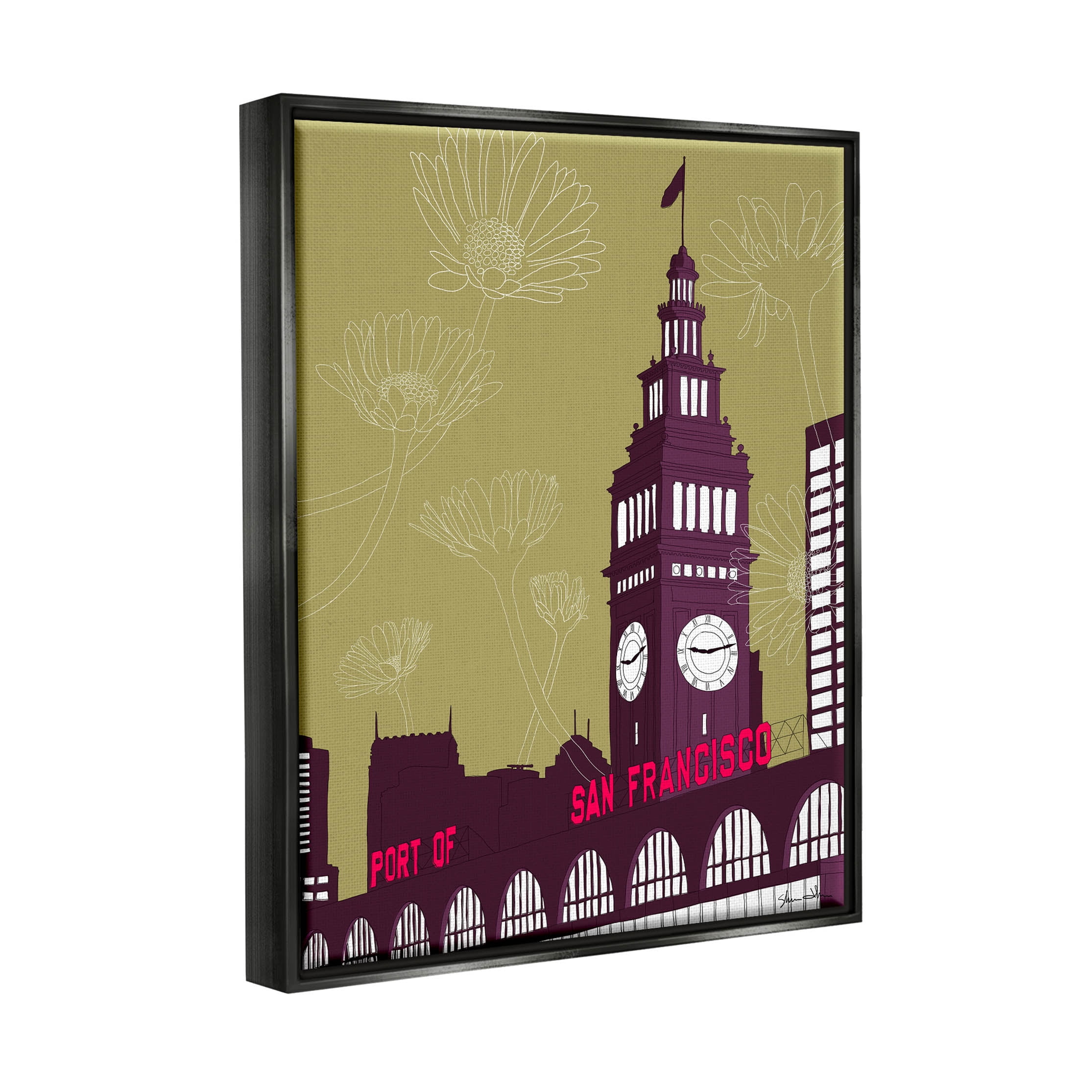 Stupell Industries Floral San Francisco City Graphic Art Jet Black Floating Framed Canvas Print Wall Art, Design by Shane Donahue