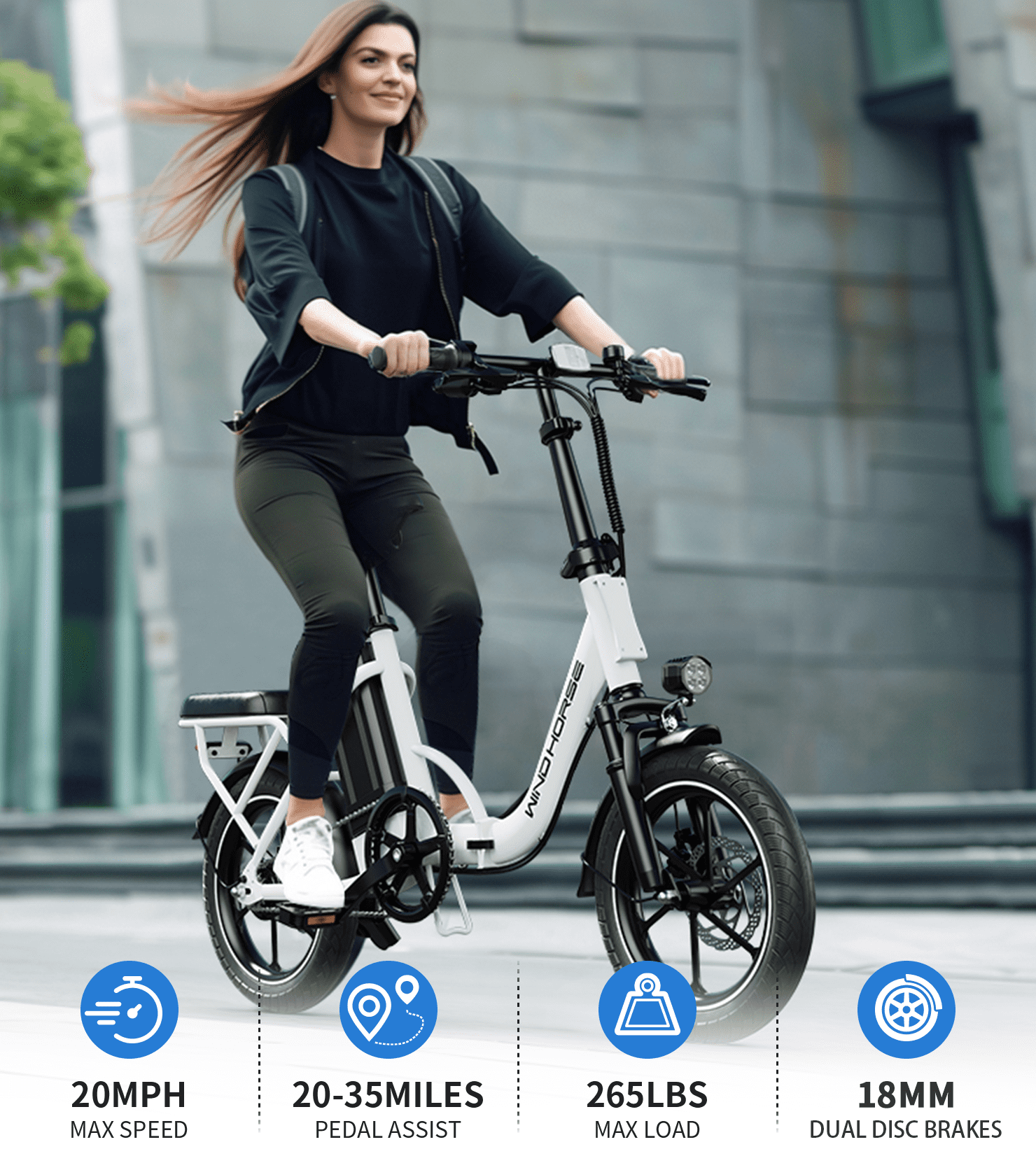 WINDHORSE Foldable Electric Bike for Adults, Peak 630W High Speed Motor 20mph, Dual Suspension, Removable Battery 35Mile Range, 16" E-Bike with Dual Seat UL2849