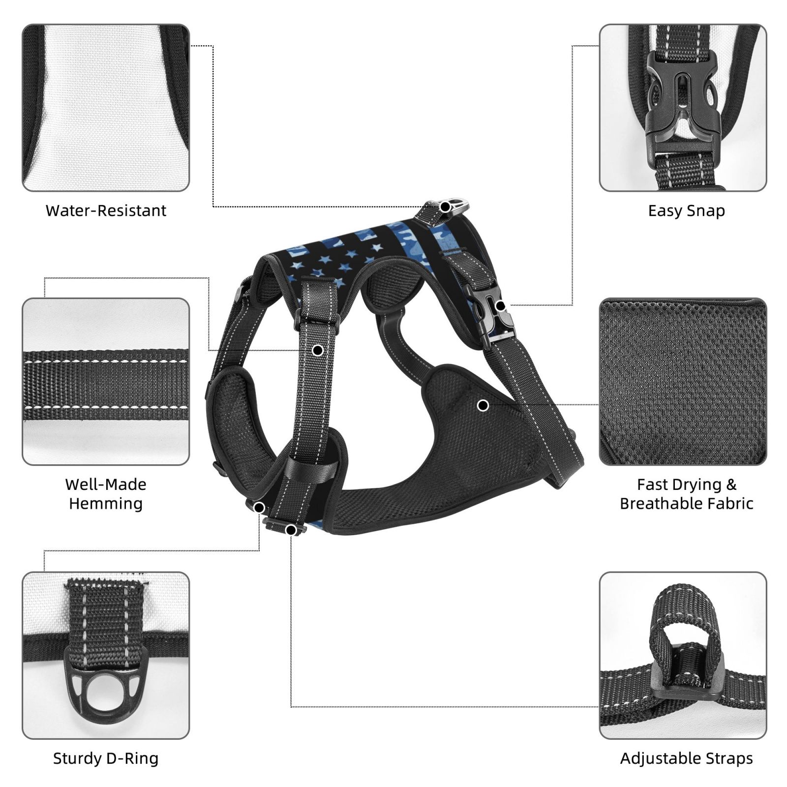 Vsdgher Navy Camouflage American Flag Pattern Dog Harness,No Pull Pet Harness with Soft Padded Handle,Adjustable Reflective Vest with 2 Buckles,4 Slide Buckles,S-XL