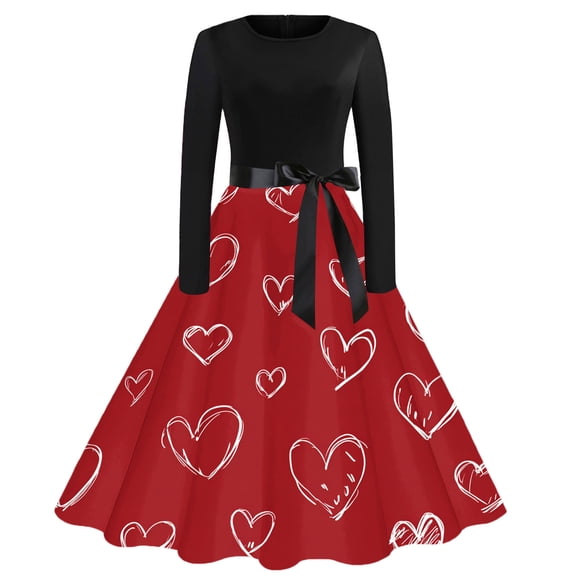 Fgvctg Valentine's Day Womens Dresses Hepburn Long Sleeve Vintage Cocktail Dresses Plus Size Prom 50s Tea Dress Romantic Cute Heart Graphic Date Night Outfits Crewneck Clothing Hot Pink 3XL