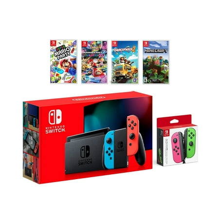 2022 New Nintendo Switch Red/Blue Joy-Con Console Multiplayer Party Game Bundle + Neon Pink/Green Joy-Con, Super Mario Party, Mario Kart 8 Deluxe, Overcooked 2, Minecraft