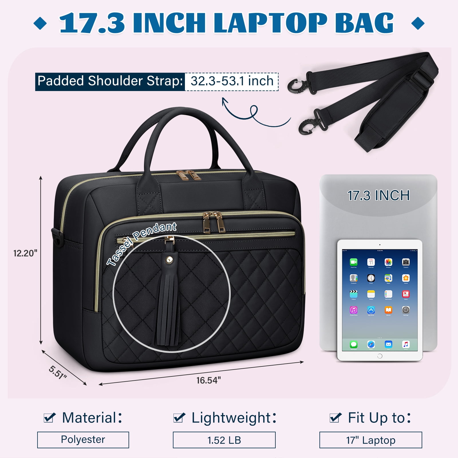 RAINSMORE Laptop Bag 17.3 Inch Messenger Shoulder Bags for Women Waterproof Computer Briefcase Large Laptop Case for Work Business Office College Travel,Black