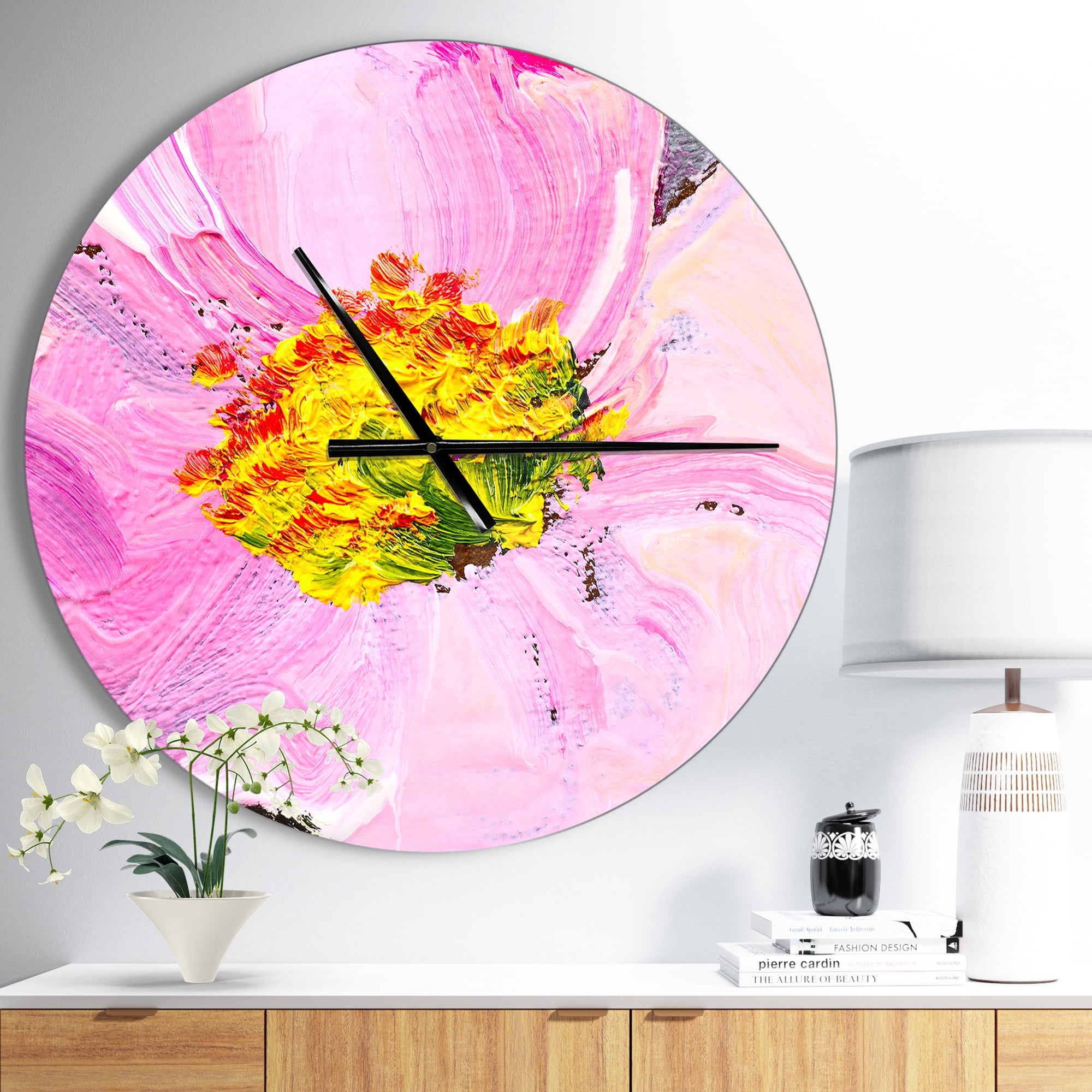 Designart 'Pink Flower Oil Painting ' Farmhouse wall clock