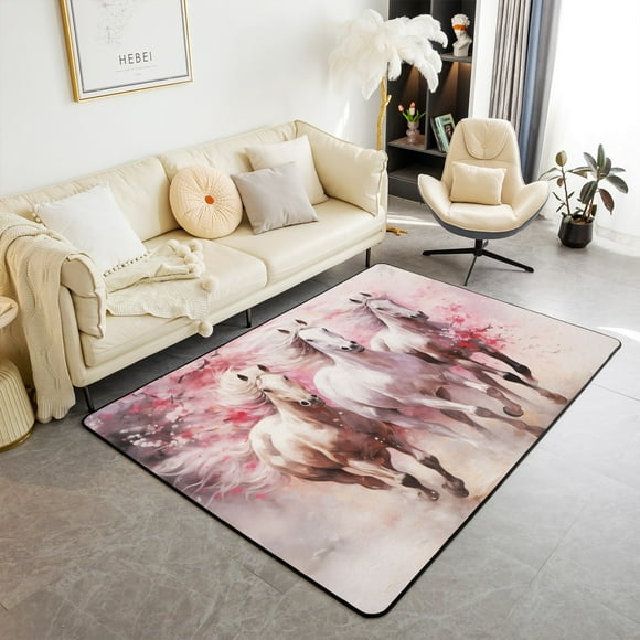 YST Horse Indoor Floor Mat 3X5 Galloping Horse Decorative Rug Pink Cherry Blossom Decorative Accent Rug for Girls Women Watercolor Paint Style Area Rug Home Decoration